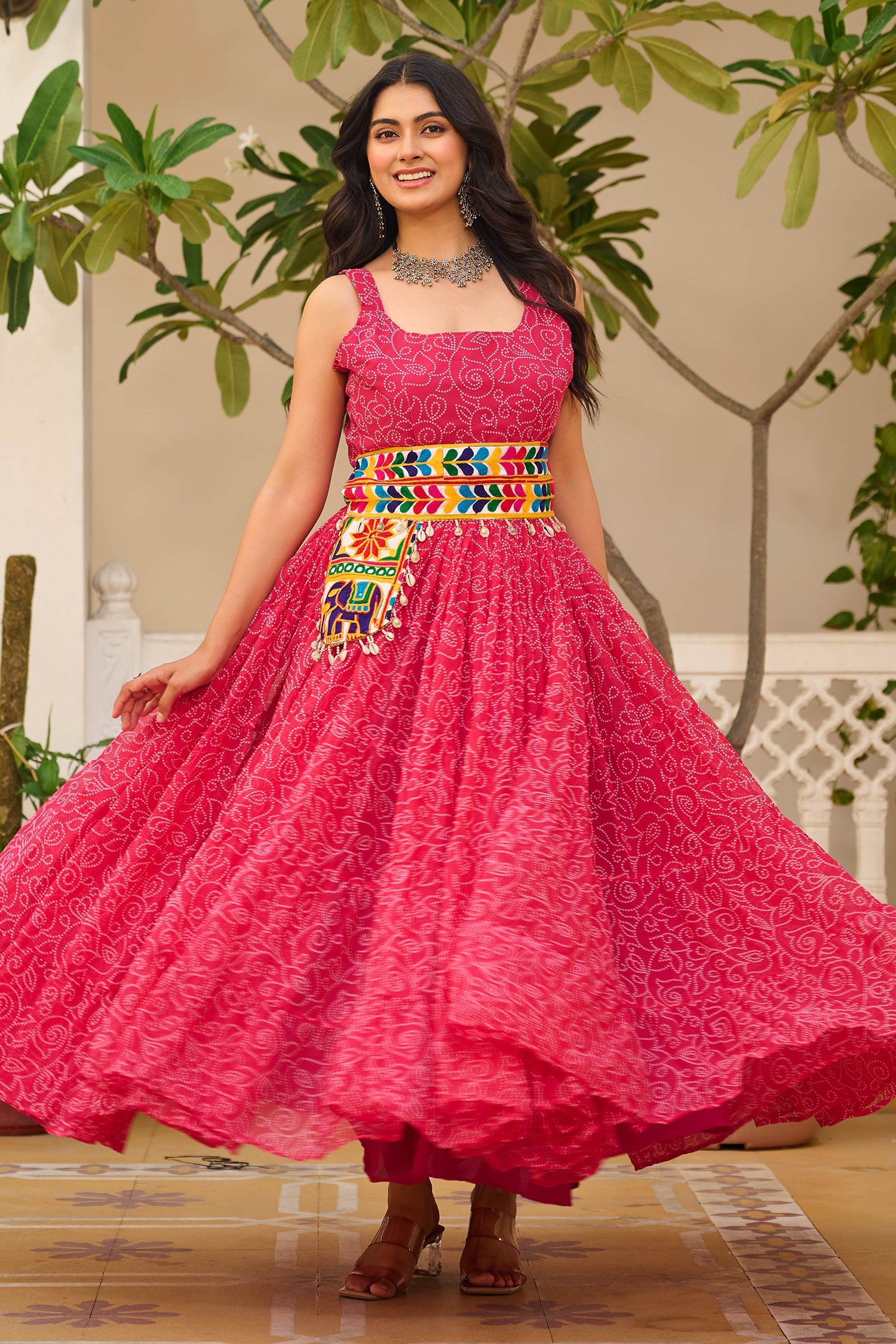 Pink Georgette Printed Kurti with Kachchi Embroidery