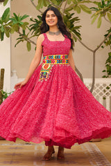 Pink Georgette Printed Kurti with Kachchi Embroidery