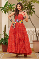 Red Georgette Printed Kurti with Kachchi Embroidery