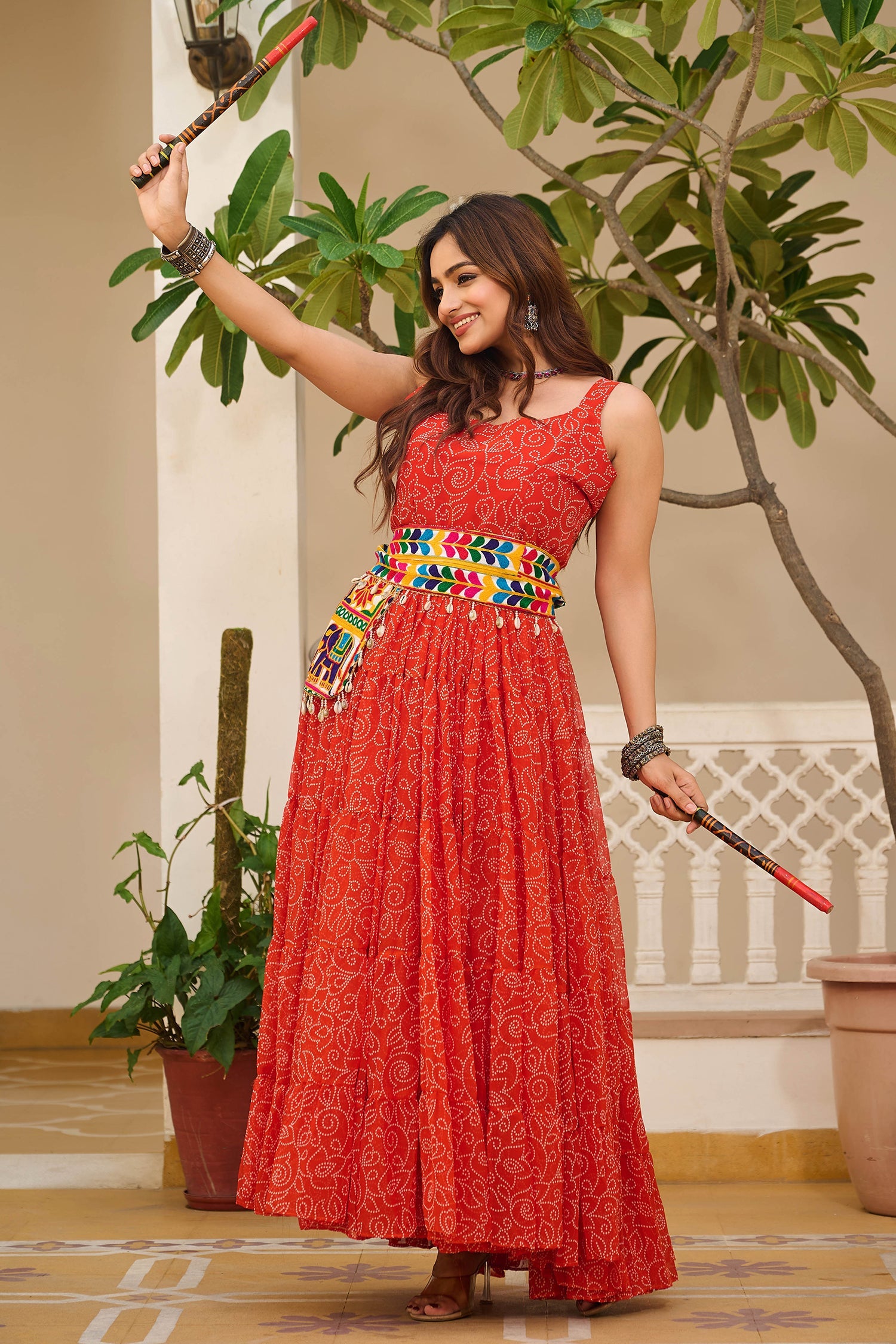 Red Georgette Printed Kurti with Kachchi Embroidery