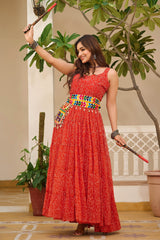 Red Georgette Printed Kurti with Kachchi Embroidery
