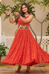 Red Georgette Printed Kurti with Kachchi Embroidery