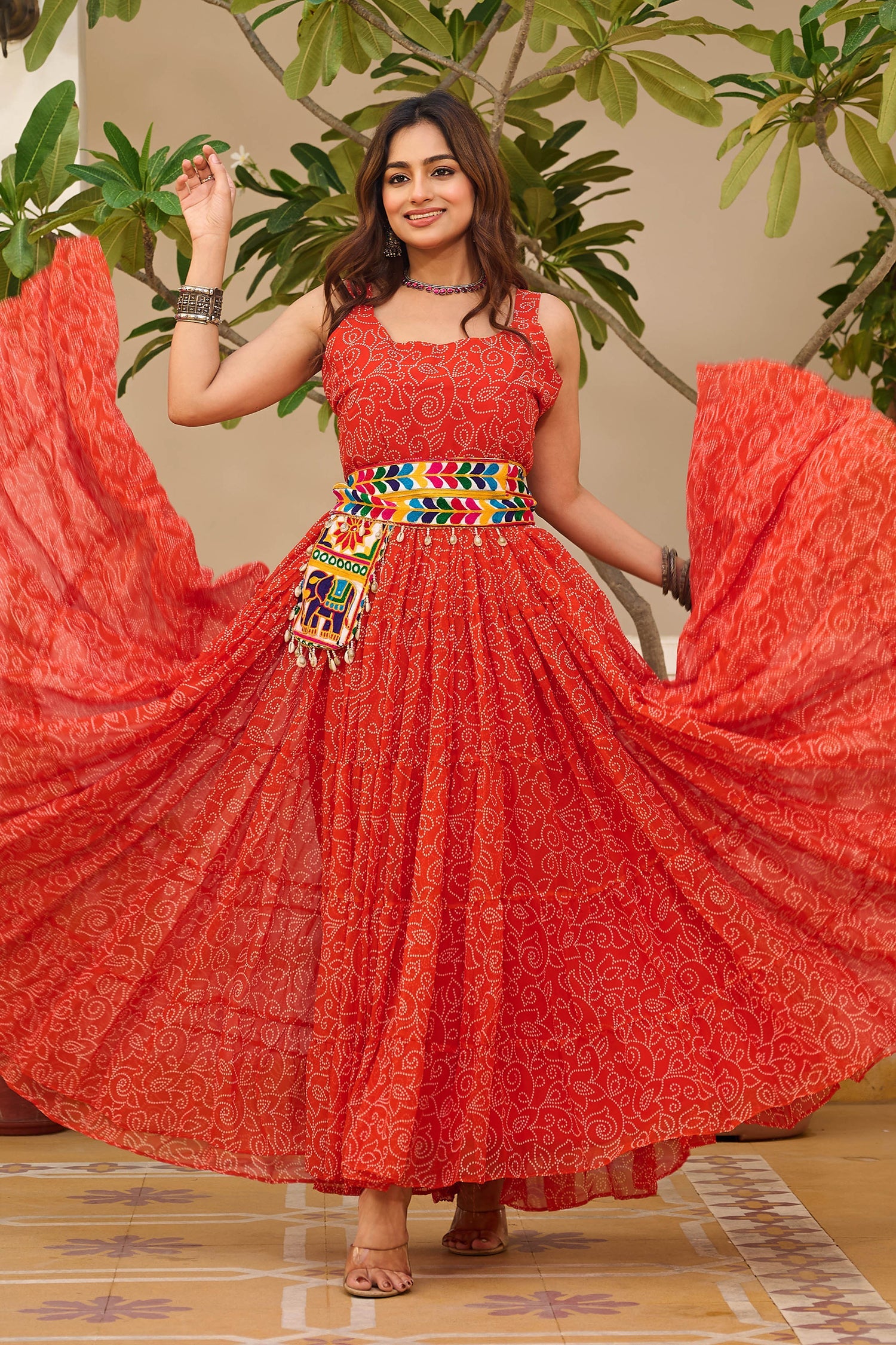 Red Georgette Printed Kurti with Kachchi Embroidery