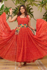 Red Georgette Printed Kurti with Kachchi Embroidery