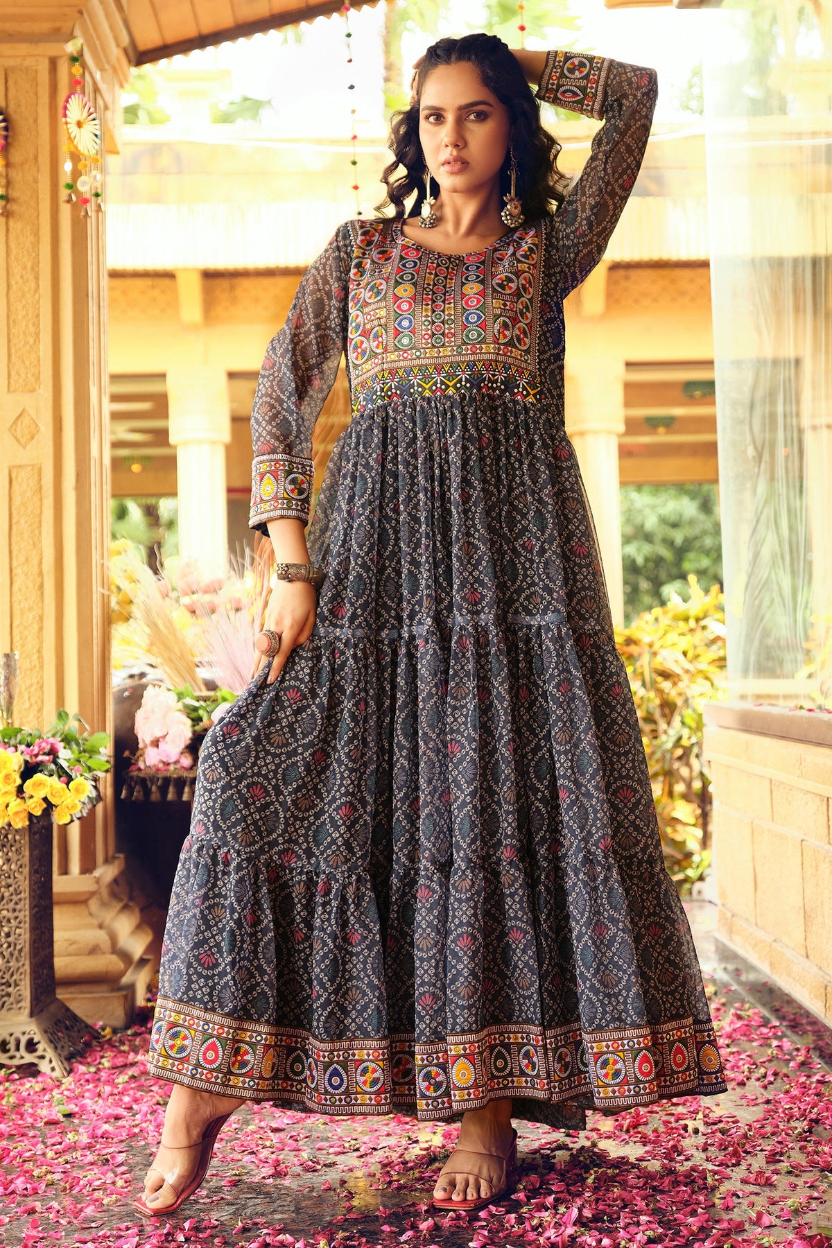 Black Georgette Bandhej Printed Kurti with Embroidered Bodice