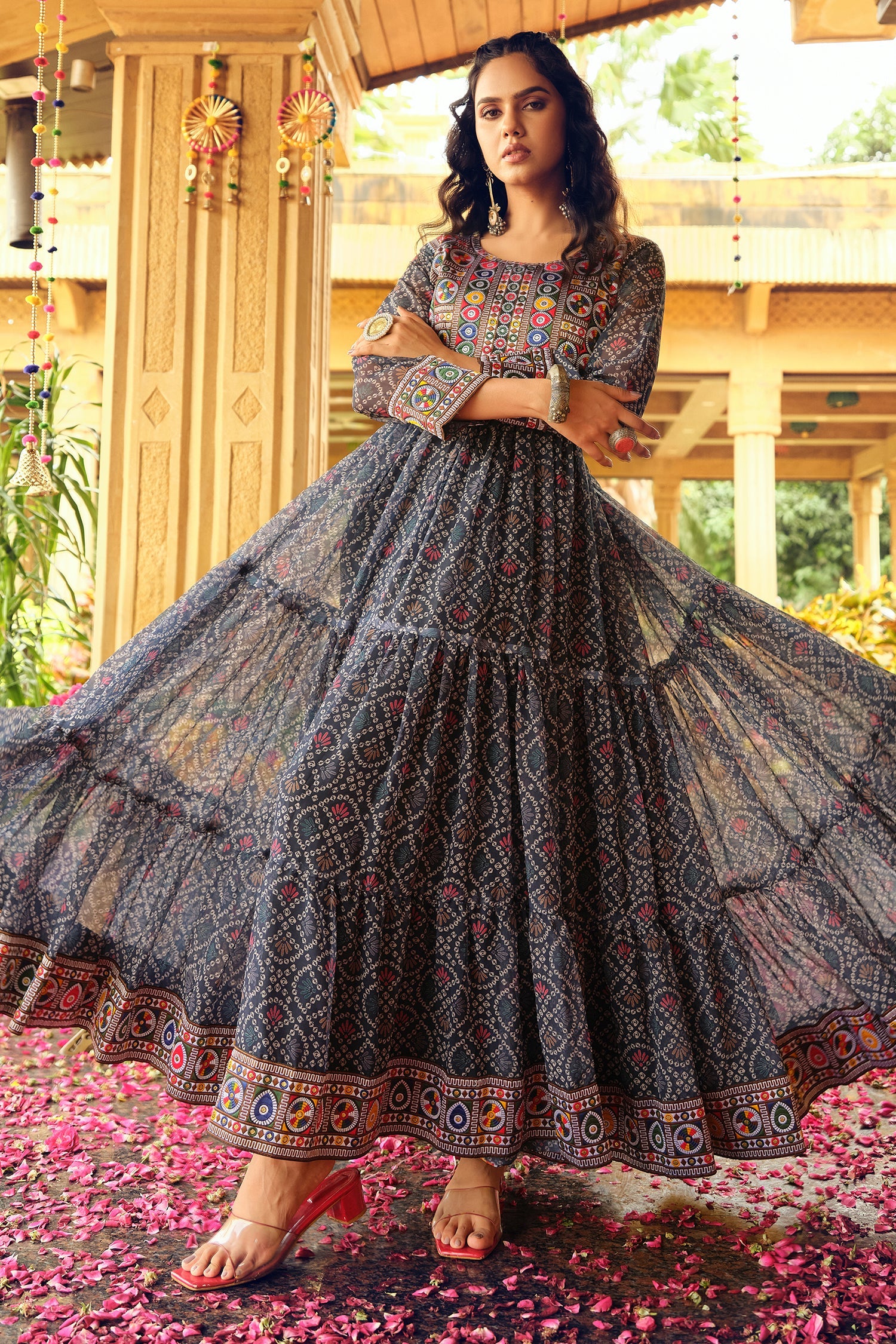 Black Georgette Bandhej Printed Kurti with Embroidered Bodice
