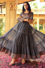 Black Georgette Bandhej Printed Kurti with Embroidered Bodice
