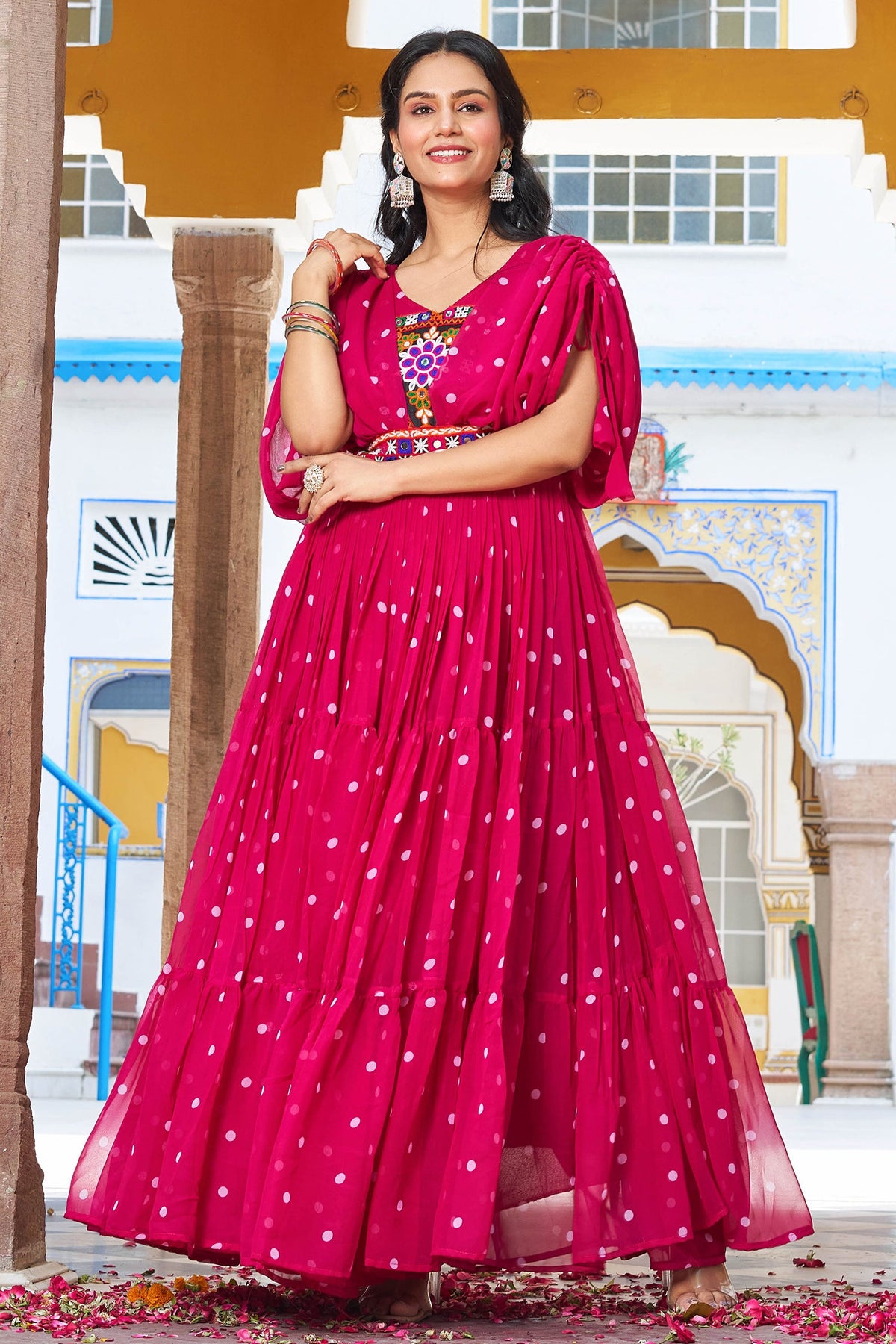 Pink Georgette Polka Dots Printed Flared Cape Sleeved Kurti with Kachchi Work Bodice