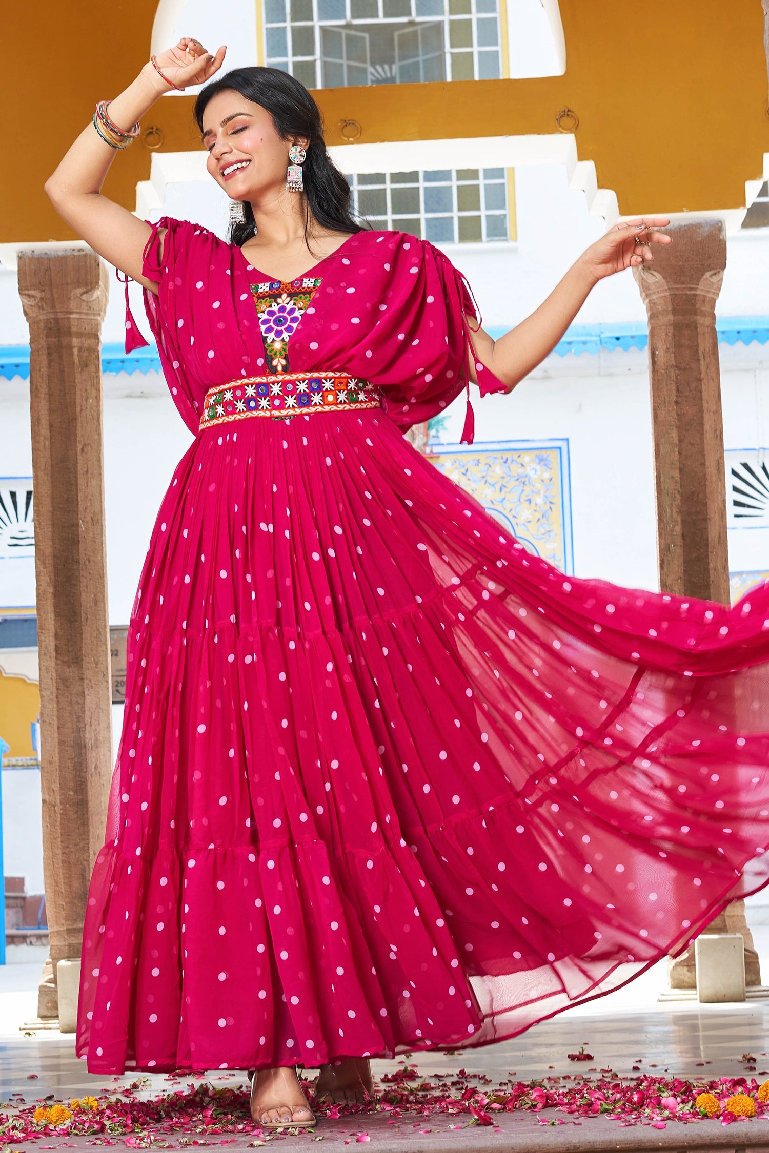 Pink Georgette Polka Dots Printed Flared Cape Sleeved Kurti with Kachchi Work Bodice