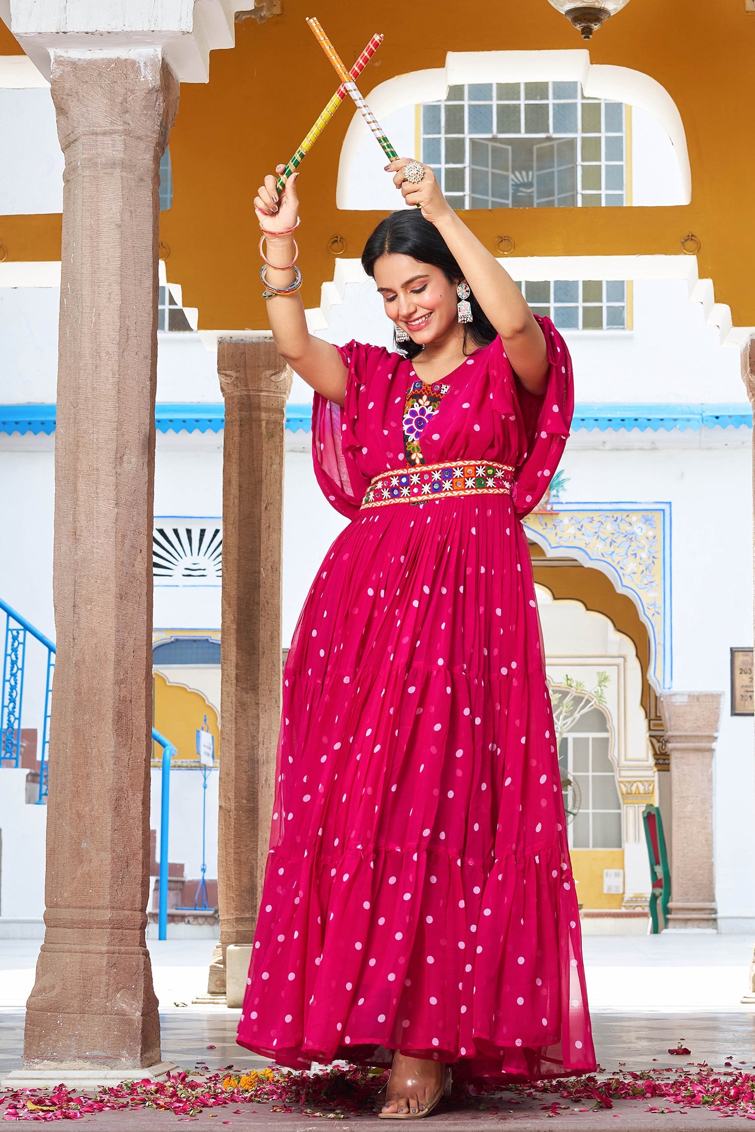 Pink Georgette Polka Dots Printed Flared Cape Sleeved Kurti with Kachchi Work Bodice
