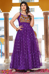 Purple Georgette Polka Dots Printed Flared Kurti with Kachchi Work