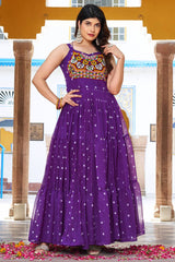 Purple Georgette Polka Dots Printed Flared Kurti with Kachchi Work