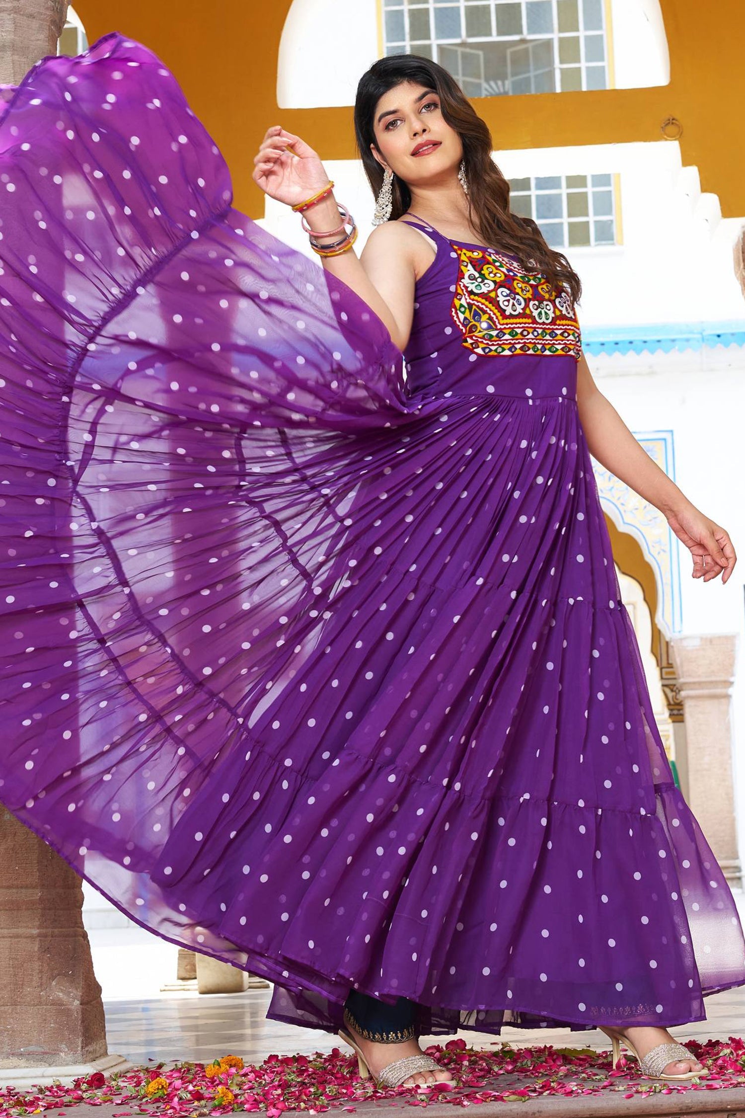 Purple Georgette Polka Dots Printed Flared Kurti with Kachchi Work