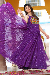Purple Georgette Polka Dots Printed Flared Kurti with Kachchi Work