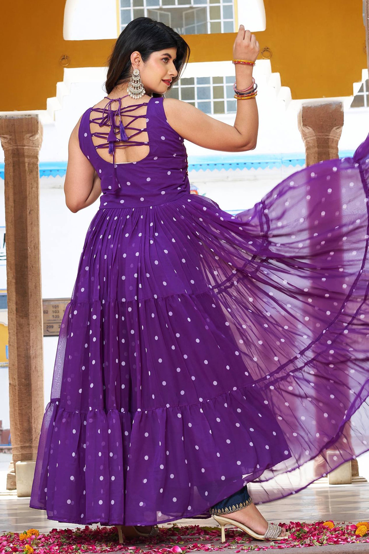 Purple Georgette Polka Dots Printed Flared Kurti with Kachchi Work