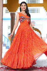 Orange Georgette Leheriya Printed Flared Kurti with Kachchi Work