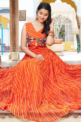 Orange Georgette Leheriya Printed Flared Kurti with Kachchi Work