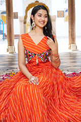 Orange Georgette Leheriya Printed Flared Kurti with Kachchi Work
