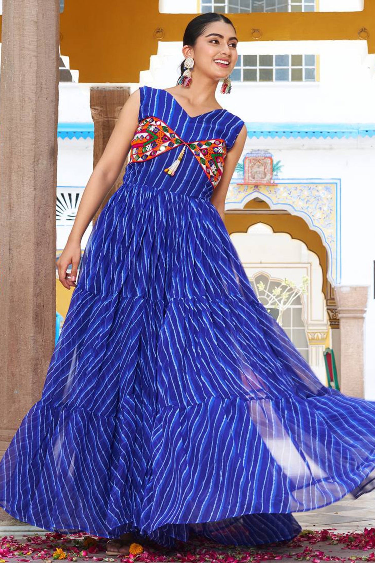 Blue Georgette Leheriya Printed Flared Kurti with Kachchi Work