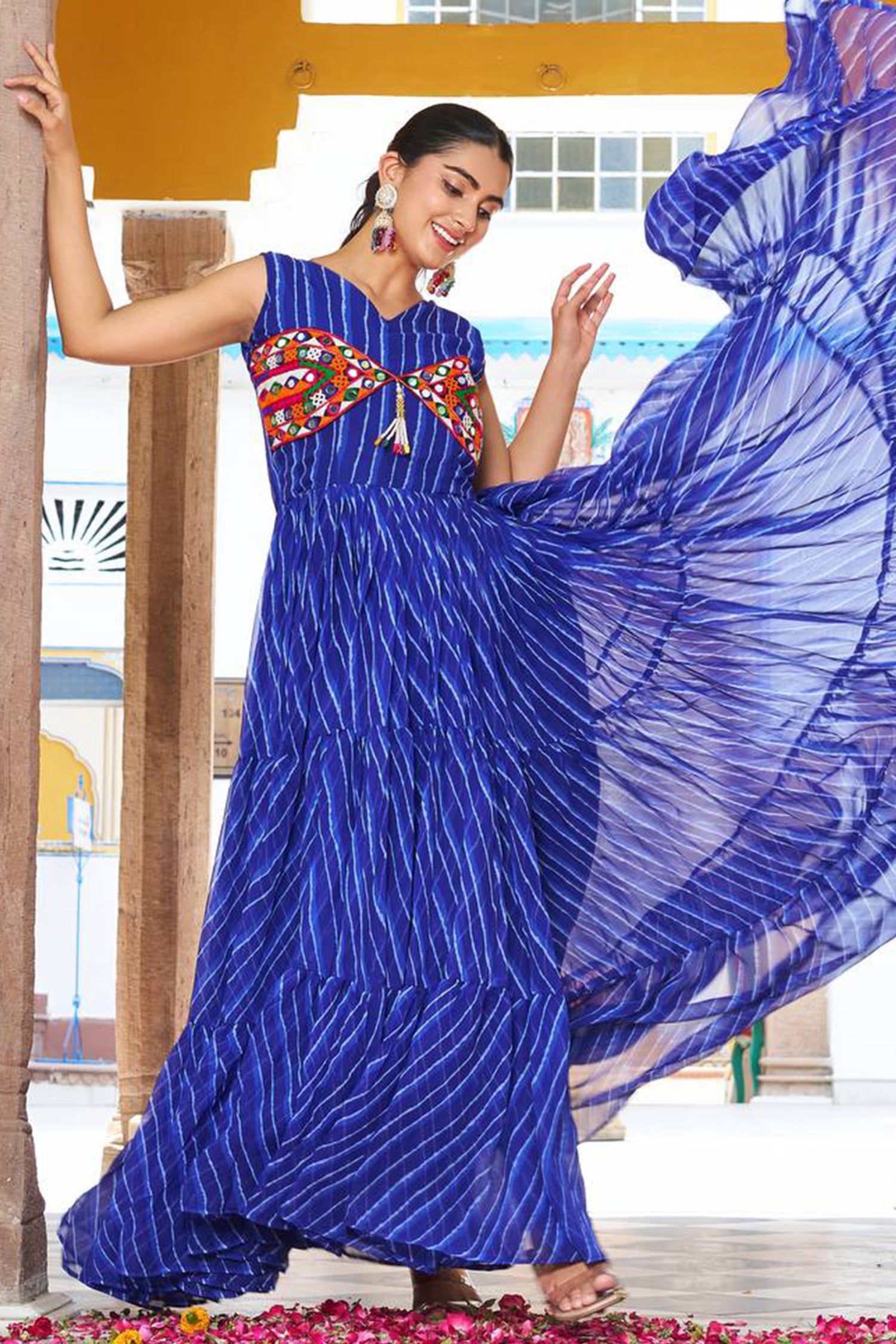 Blue Georgette Leheriya Printed Flared Kurti with Kachchi Work