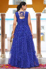 Blue Georgette Leheriya Printed Flared Kurti with Kachchi Work
