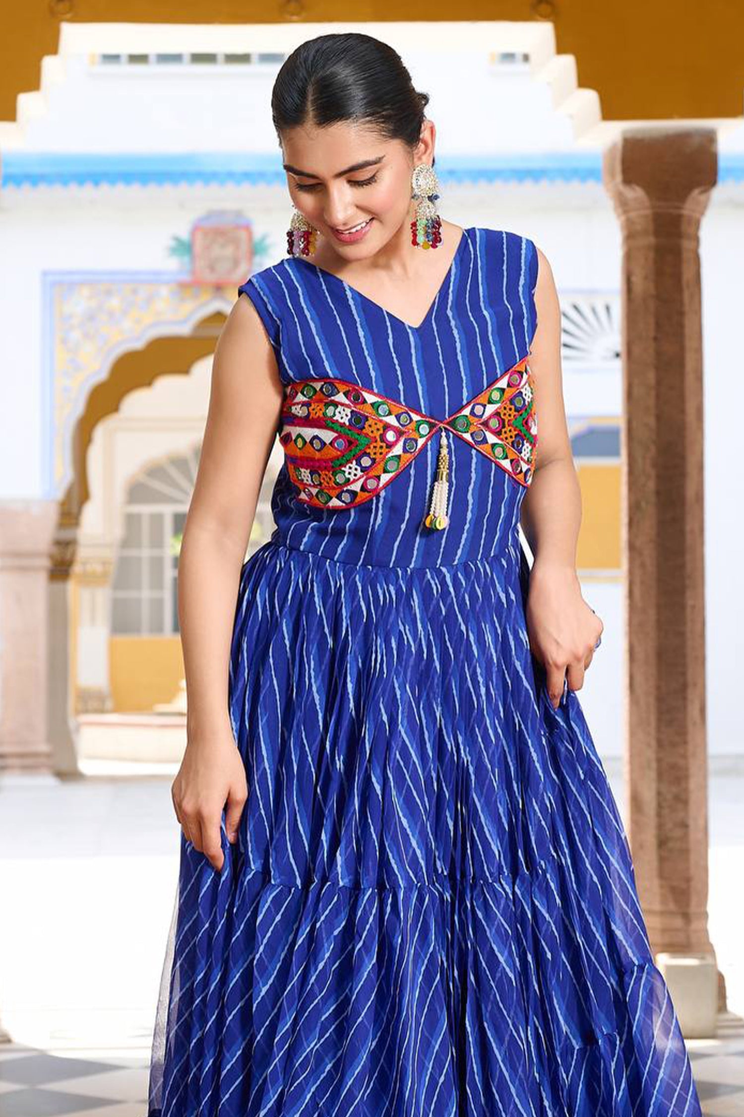 Blue Georgette Leheriya Printed Flared Kurti with Kachchi Work
