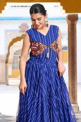 Blue Georgette Leheriya Printed Flared Kurti with Kachchi Work