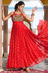 Red Georgette Polka Dots Printed Kurti with Kachchi Work