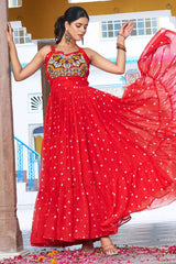 Red Georgette Polka Dots Printed Kurti with Kachchi Work
