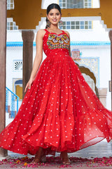 Red Georgette Polka Dots Printed Kurti with Kachchi Work