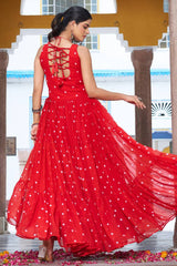 Red Georgette Polka Dots Printed Kurti with Kachchi Work