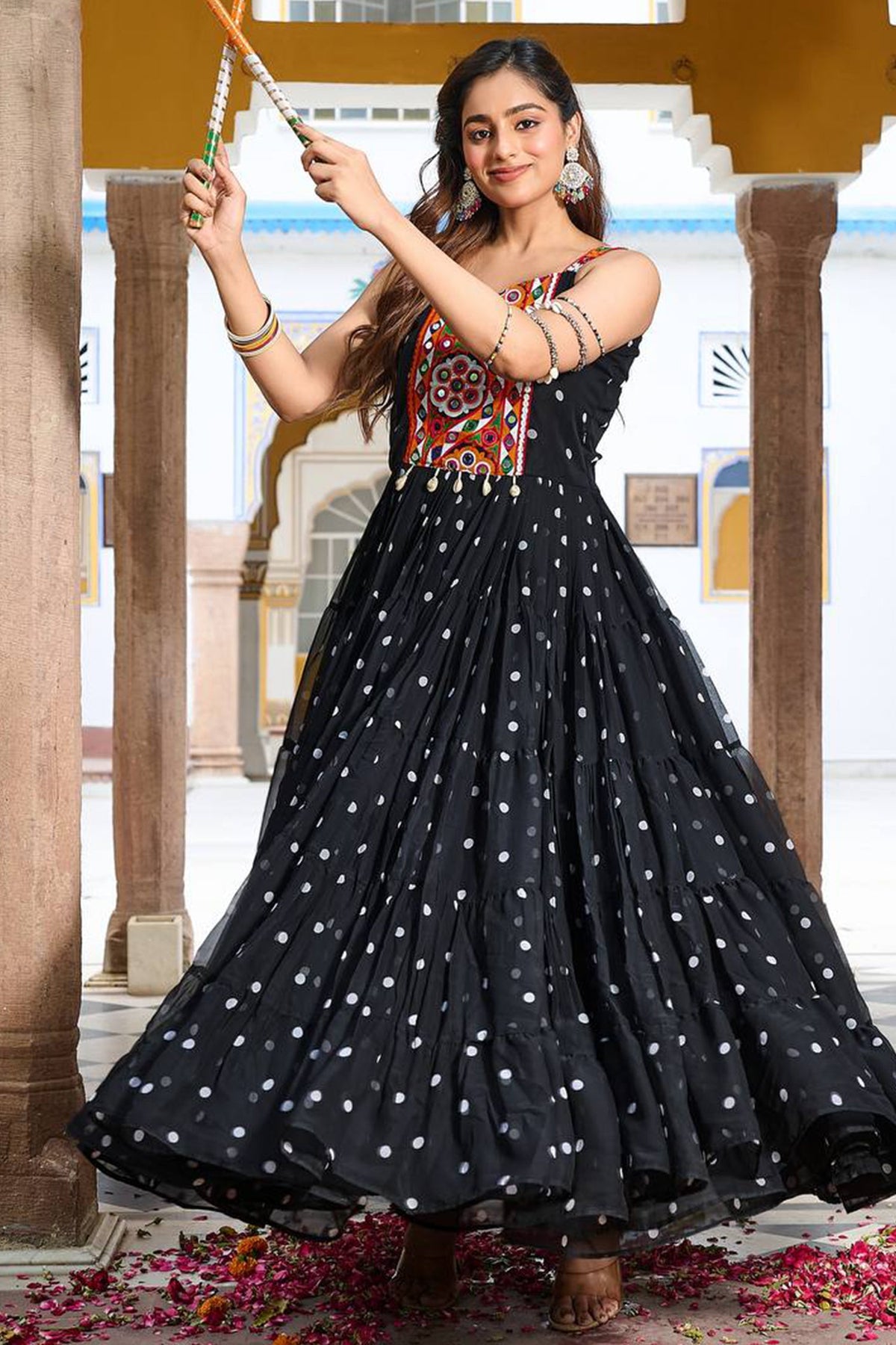 Black Georgette Polka Dots Printed Flared Kurti with Kachchi Work