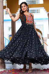 Black Georgette Polka Dots Printed Flared Kurti with Kachchi Work