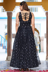 Black Georgette Polka Dots Printed Flared Kurti with Kachchi Work