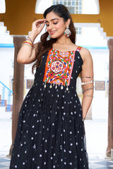 Black Georgette Polka Dots Printed Flared Kurti with Kachchi Work