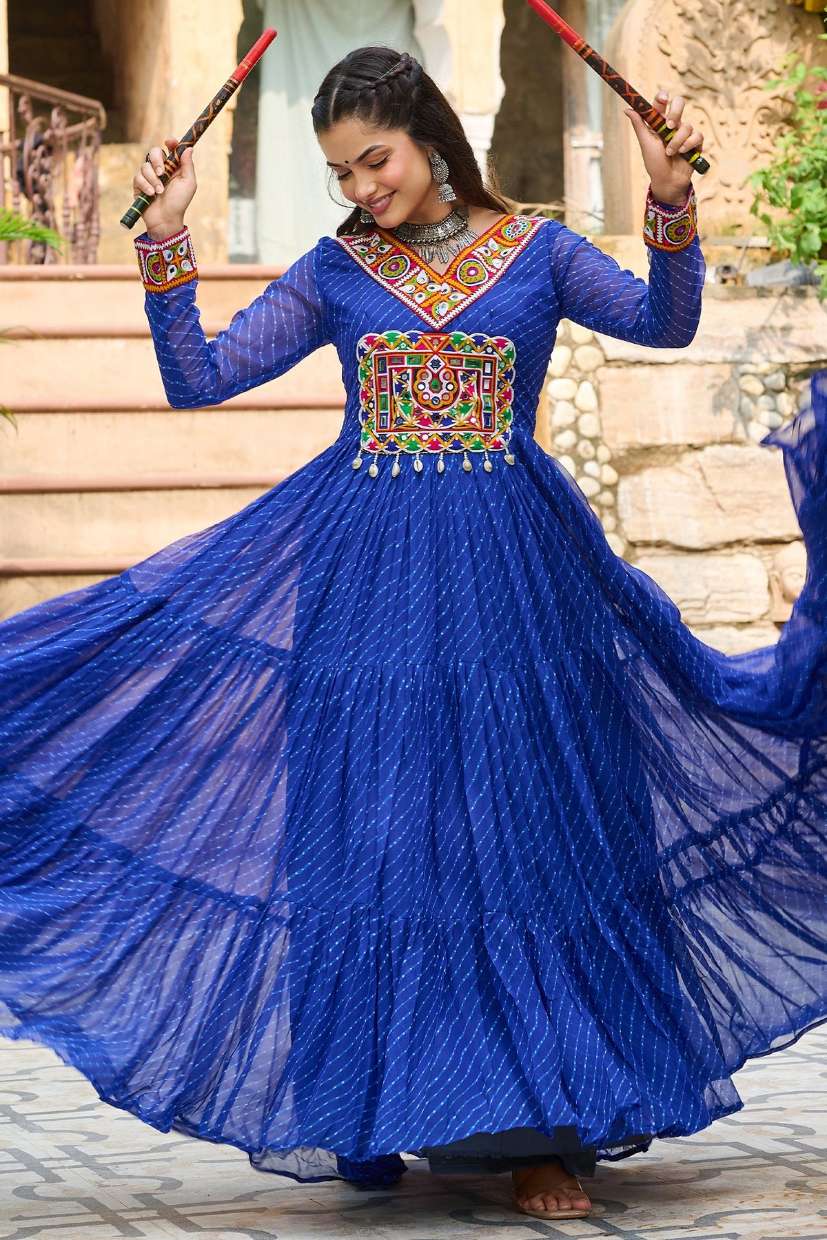 Blue Georgette Leheriya Printed Anarkali Kurti with Kachchi Work