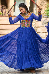 Blue Georgette Leheriya Printed Anarkali Kurti with Kachchi Work
