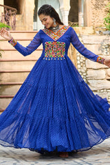 Blue Georgette Leheriya Printed Anarkali Kurti with Kachchi Work