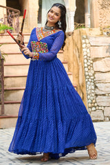 Blue Georgette Leheriya Printed Anarkali Kurti with Kachchi Work