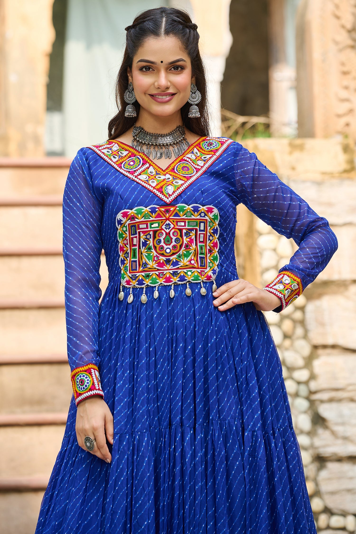 Blue Georgette Leheriya Printed Anarkali Kurti with Kachchi Work