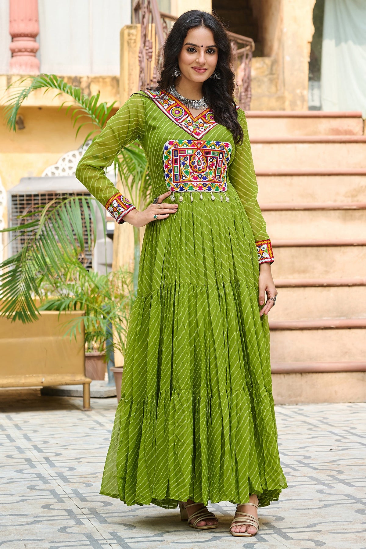 Green Georgette Leheriya Printed Anarkali Kurti with Kachchi Work
