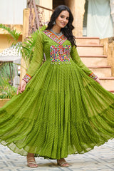 Green Georgette Leheriya Printed Anarkali Kurti with Kachchi Work