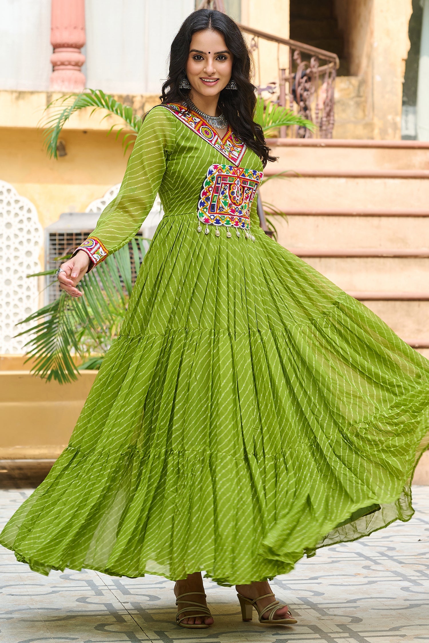 Green Georgette Leheriya Printed Anarkali Kurti with Kachchi Work