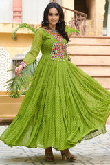 Green Georgette Leheriya Printed Anarkali Kurti with Kachchi Work