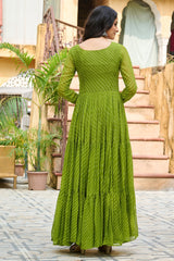 Green Georgette Leheriya Printed Anarkali Kurti with Kachchi Work