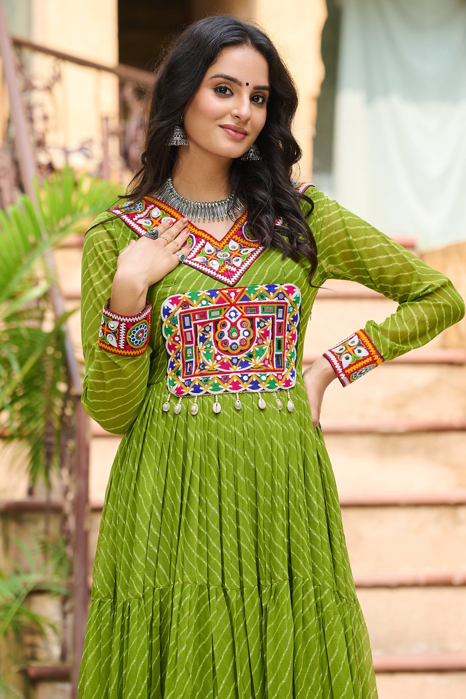Green Georgette Leheriya Printed Anarkali Kurti with Kachchi Work
