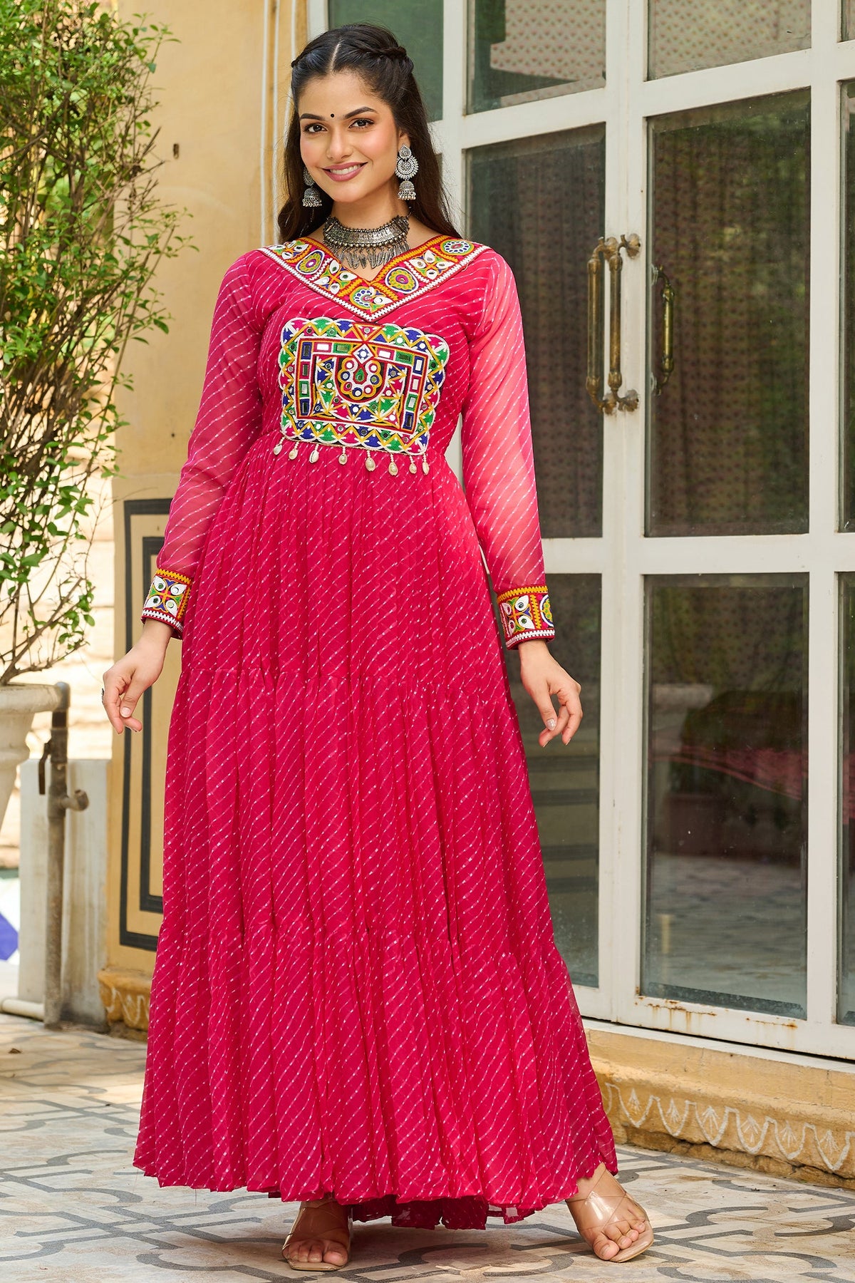 Pink Georgette Leheriya Printed Anarkali Kurti with Kachchi Work