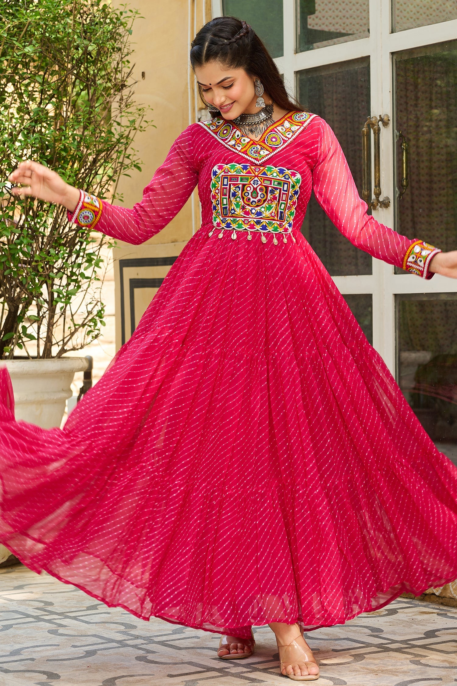 Pink Georgette Leheriya Printed Anarkali Kurti with Kachchi Work