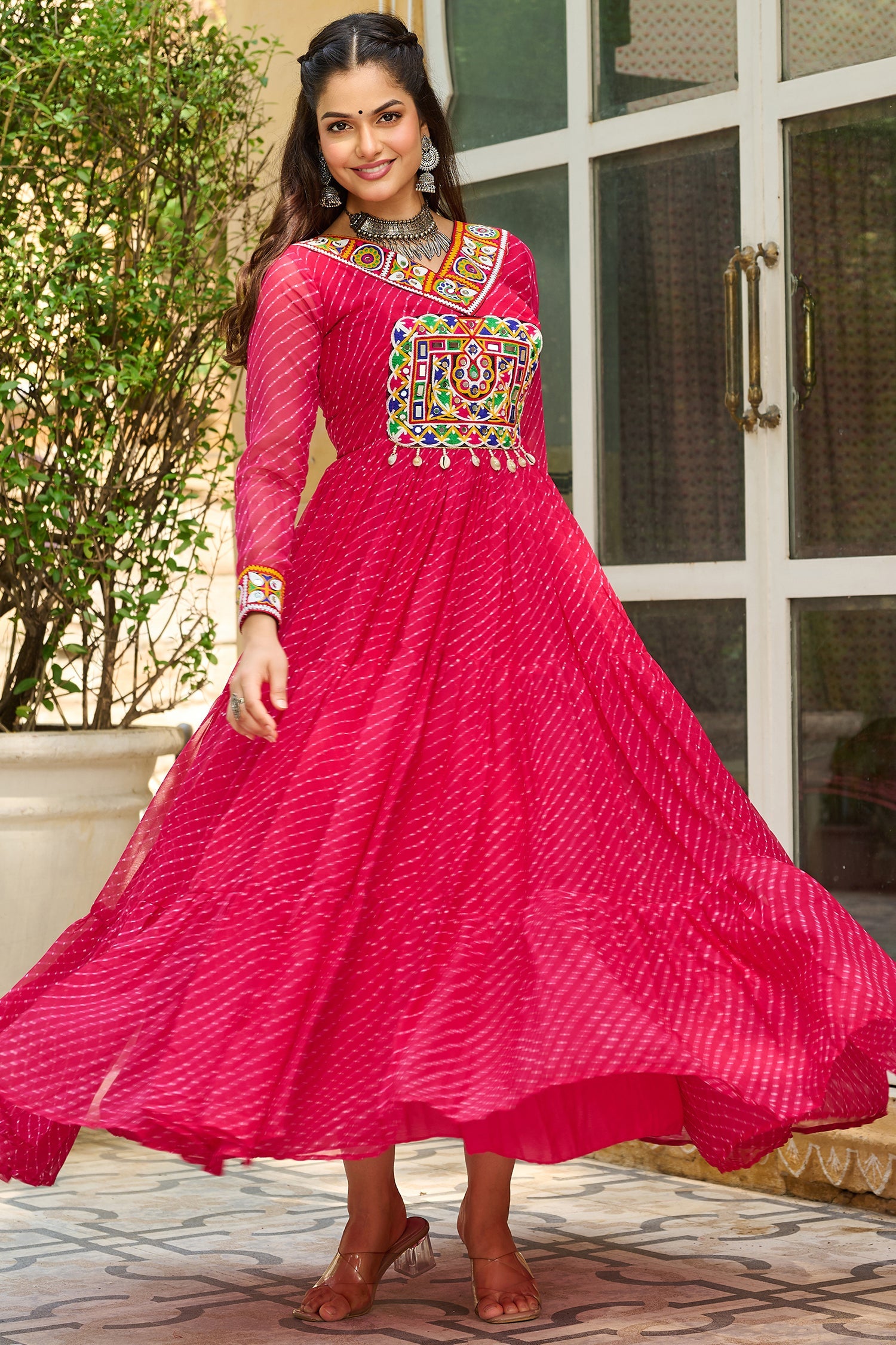 Pink Georgette Leheriya Printed Anarkali Kurti with Kachchi Work