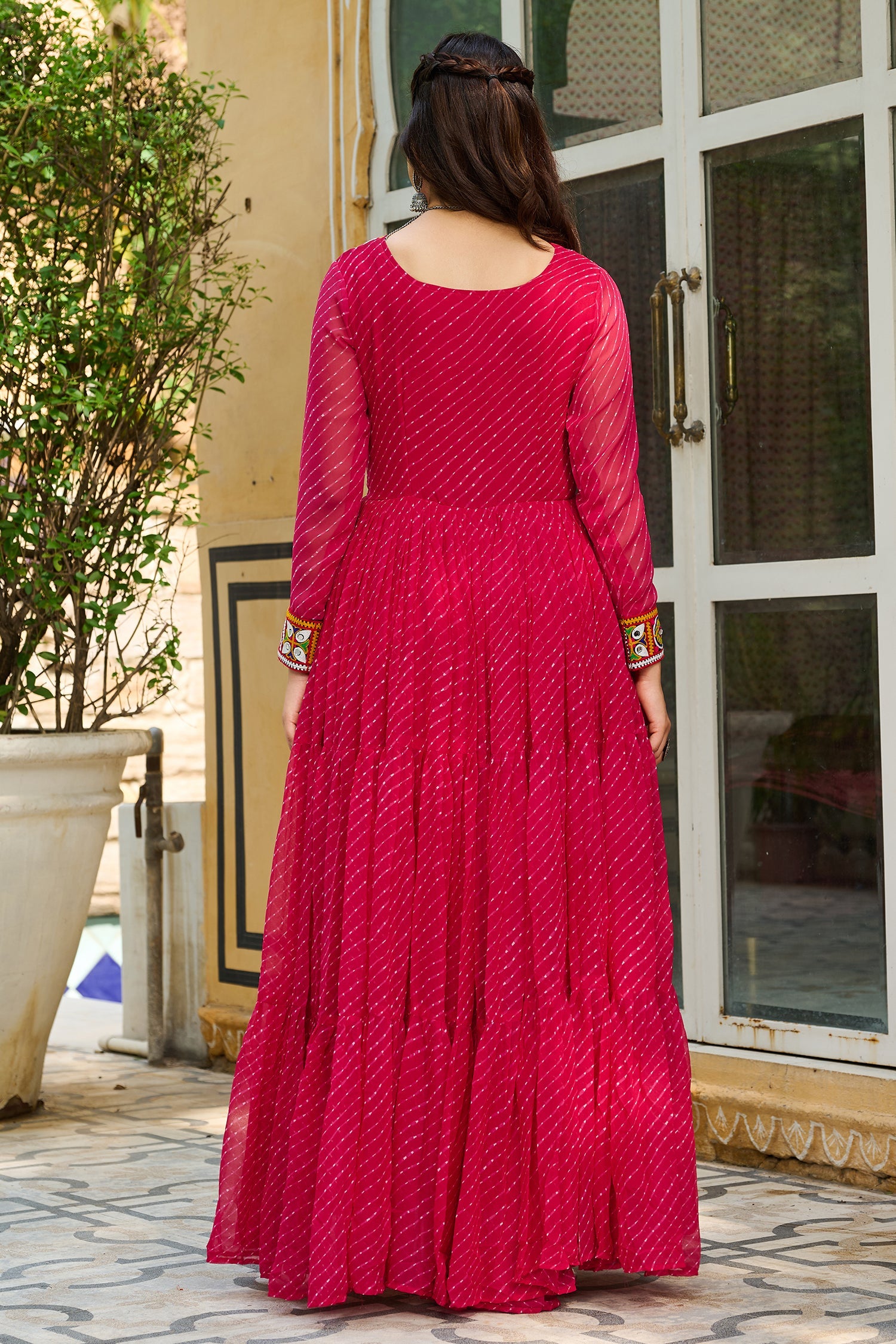 Pink Georgette Leheriya Printed Anarkali Kurti with Kachchi Work